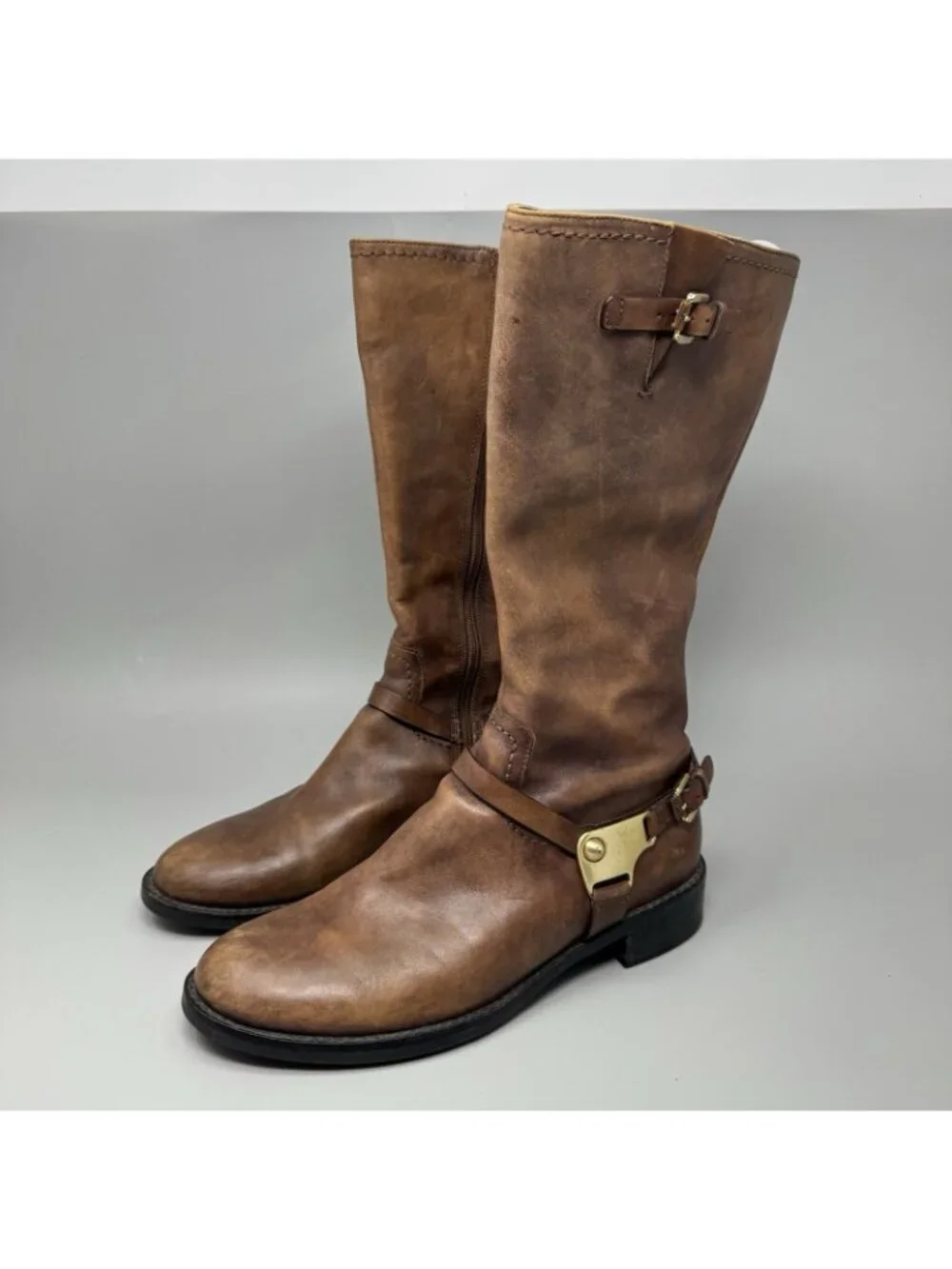 Ecco Hobart Harness Tall Brown Leather Riding Boots Women's Size 7.5 US
